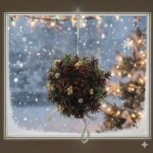 Rustic Large Pinecone Kissing Ball Christmas Holiday Decor Silver/white sparkle.